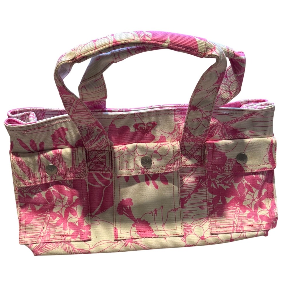 Vintage Roxy Pink Floral Canvas Tote Handbag Y2K Beach Surf Skater Purse